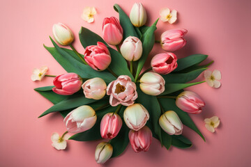 Vibrant Tulip Bouquet Arrangement on Soft Pink Background