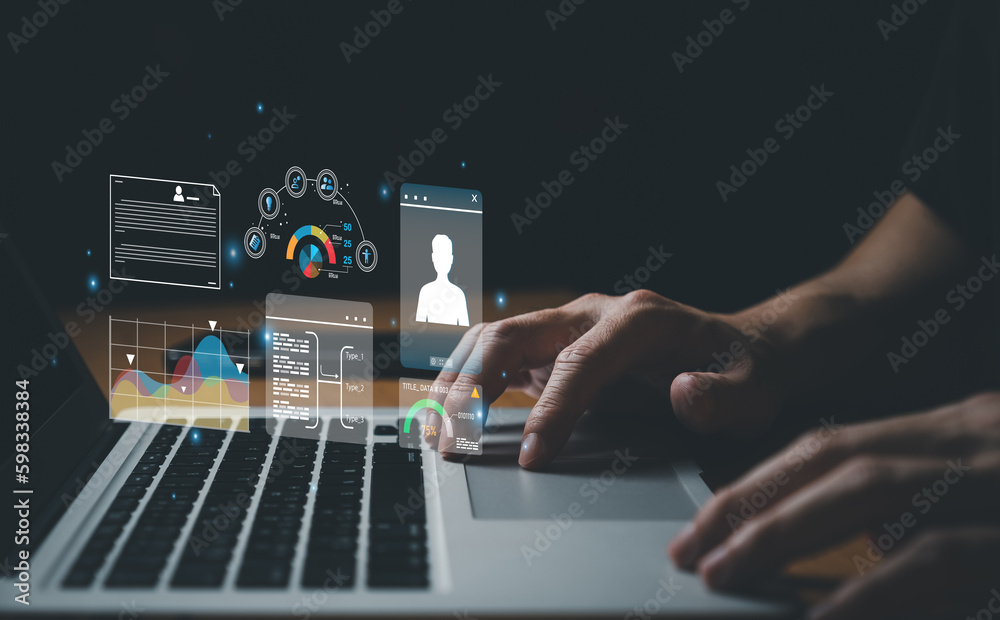 Wall mural young entrepreneur using big data analysis and cloud technology to collect customer data and display