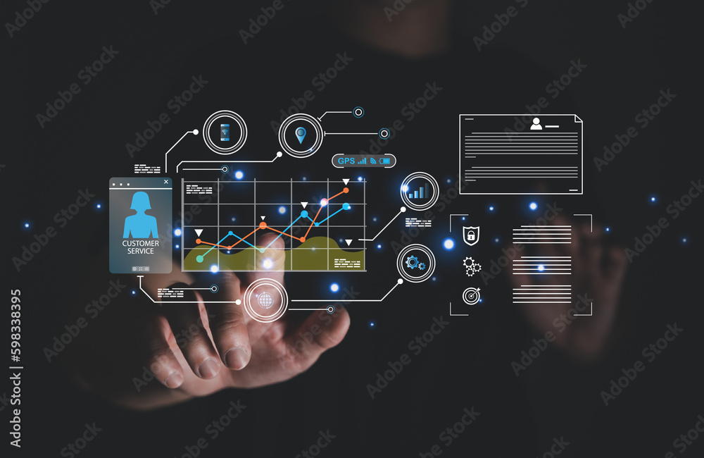 Wall mural young entrepreneur using big data analysis and cloud technology to collect customer data and display