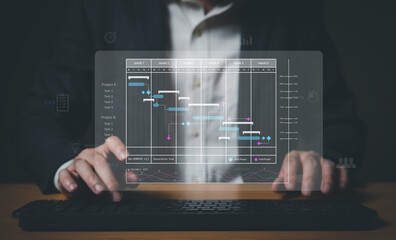 Business people with suit using digital tablet to access into data and dashboard that show implementation and working timeline of product launch or business strategy and planning