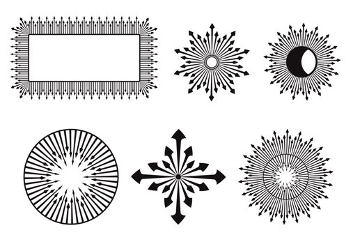 Decorative frame, stars, sun, moon Black arrow pattern Doodle illustrations Design elements Vector illustration Isolated on white background