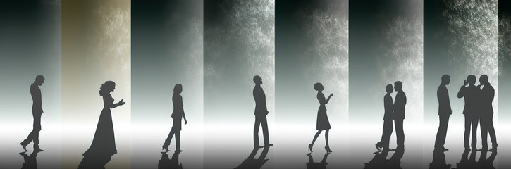 Fototapeta premium Silhouettes of people stand in the background of the light pillars, creating a dramatic and mysterious atmosphere. The figures appear to be engaged in various activities. AI generated.