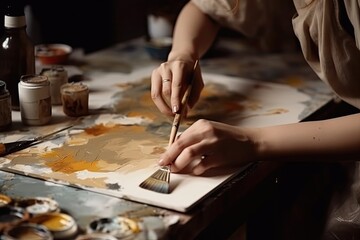 Fototapeta na wymiar Female creativity. Painting tools. Inspiration art. Unrecognizable woman preparing canvas and paints for creation in studio interior - Generative AI