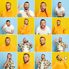 Collage made of portraits of bearded young man in casual clothes posing against blue and yellow studio background, expressing diverse emotions. Cpncept of lifestyle, facial expression, situations
