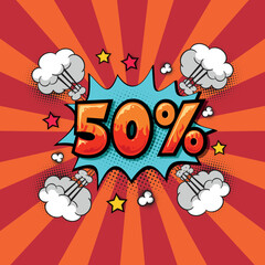 Comic inscription with 50% discount. vector illustration in comic style.Exclamation label sticker or shop.
