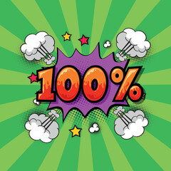 Comic inscription with 100% discount. vector illustration in comic style.Exclamation label sticker or shop.