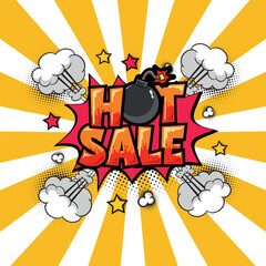 Comic inscription with HOT SALE discount. vector illustration in comic style.Exclamation label sticker or shop.