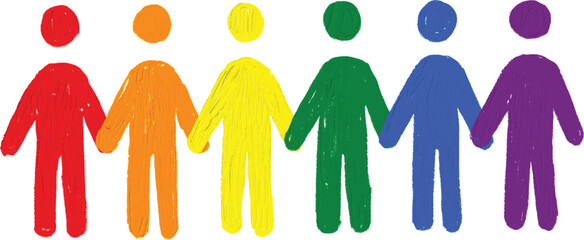 Obraz premium People standing holding hands with rainbow oil paint brush style watercolor,LGBT Pride month watercolor texture concept. vector