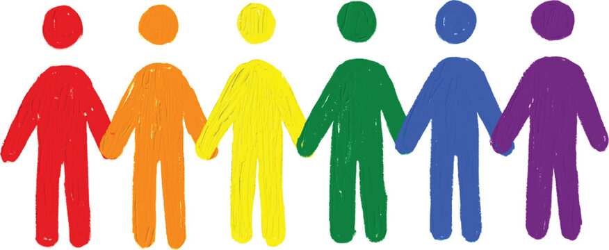 People standing holding hands  with rainbow oil paint brush  style watercolor,LGBT  Pride month watercolor texture concept. vector