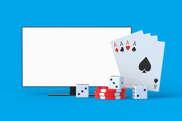 Playing cards, chips, dices for poker near tv with white isolated screen. Sports broadcast of the tournament. Online stream. Leisure and entertainment. 3d render
