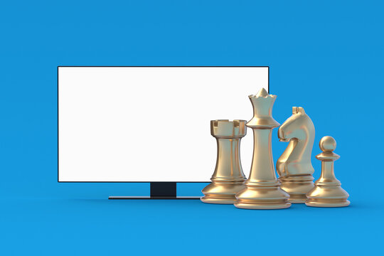 Chess figures near tv with white isolated screen. Sports broadcast of the tournament. Online stream. Leisure and entertainment. 3d render