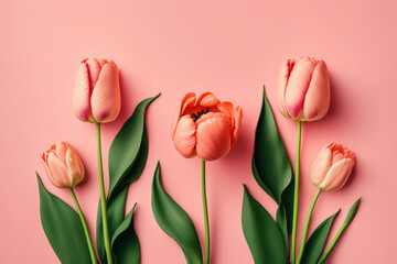 Bunch of pink tulips laying on a pink background. Generative AI