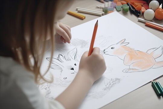 Cute picture. Kids painting. Art hobby. Unrecognizable child drawing rabbit on white paper with pencil sitting table - Generative AI