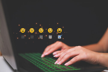 Customer pressing satisfaction with gold five star rating feedback icon and press level excellent rank for giving best score point to review the service , experience success business rate  concept.