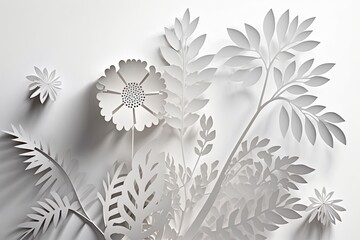 White flowers paper cut background with copyspace. Generative AI