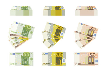 Dinero, billetes de euro mostrados de diversas formas