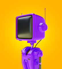3d bright robot character with head in shape of an old retro TV or monitor in realistic cute cartoon style. Technology creative concept design portrait of friendly cyborg. Vivid render illustration.