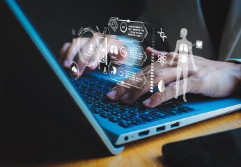 Medical technology and futuristic concept.Digital healthcare and network on modern virtual screen.Health Check with digital system support for patient with medical icon at hospital.Global health care.