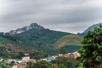 Fototapeta na wymiar Green Valley Village with Coffee Plantations and Mountain Range