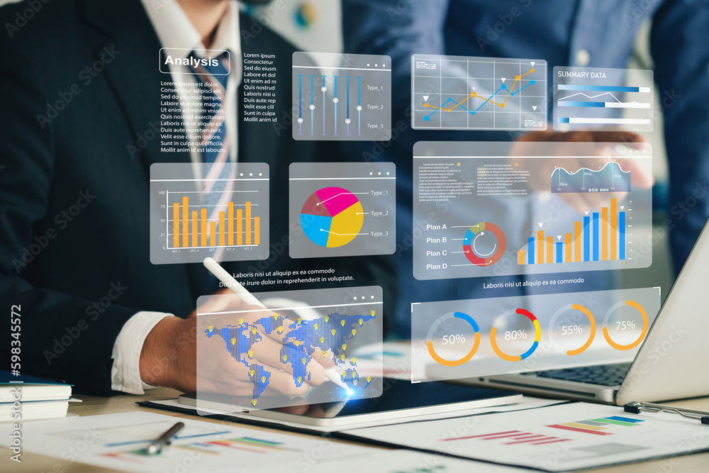 Poster the analyst works on a laptop showing data business analysis and data management system with kpi and