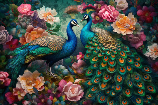 2 peacock with feathers, surrounded by flowers
