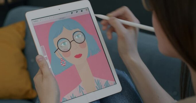 Close-up of graphics tablet display and female hand drawing portrait of woman indoors at home. Digital illustration and modern technology concept. Generative AI