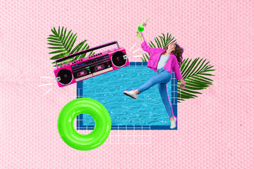 Plakat Creative retro 3d magazine collage image of carefree funky lady enjoying pool party isolated colorful background Generative AI