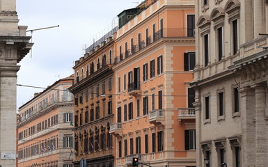 Via Nazionale Street View with Building Facades in Rome, Italy