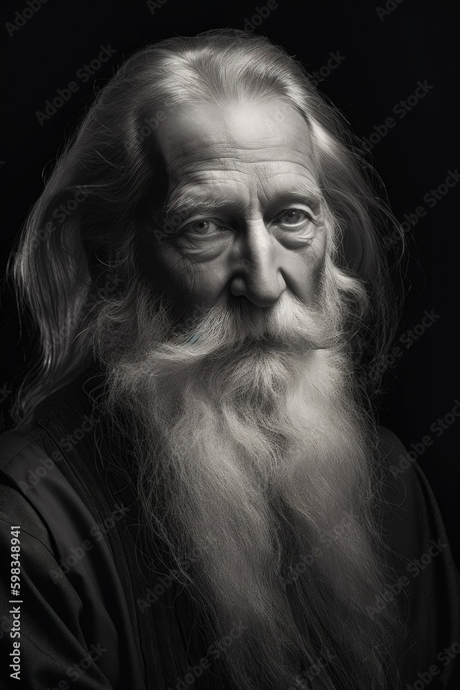 Sticker A black and white photo of a man with a long beard. AI generative image.