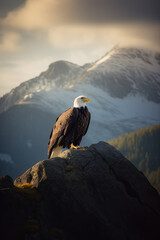 A majestic bald eagle sitting on a mountain top with mountains and trees in the blurred background