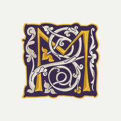 M letter drop cap logo. Square medieval initial with gold texture and white vine. Renaissance calligraphy emblem.