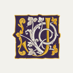 J letter drop cap logo. Square medieval initial with gold texture and white vine. Renaissance calligraphy emblem.