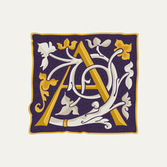 A letter drop cap logo. Square medieval initial with gold texture and white vine. Renaissance calligraphy emblem.