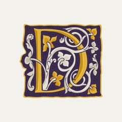 D letter drop cap logo. Square medieval initial with gold texture and white vine. Renaissance calligraphy emblem.