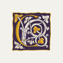 C letter drop cap logo. Square medieval initial with gold texture and white vine. Renaissance calligraphy emblem.