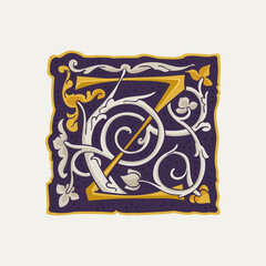 Z letter drop cap logo. Square medieval initial with gold texture and white vine. Renaissance calligraphy emblem.