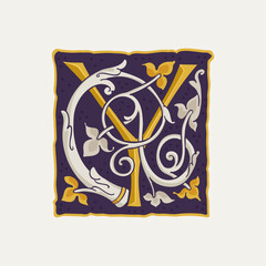 Y letter drop cap logo. Square medieval initial with gold texture and white vine. Renaissance calligraphy emblem.