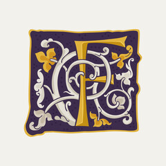 F letter drop cap logo. Square medieval initial with gold texture and white vine. Renaissance calligraphy emblem.