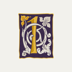 1 logo. Number one drop cap. Medieval initial with gold texture and white vine. Renaissance calligraphy emblem.