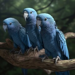 Obraz premium Tres Loros Guacamayos Azulres subidos a la rama de un árbol