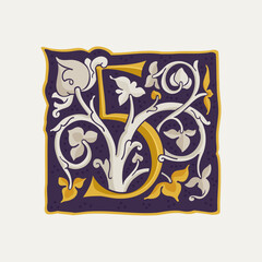5 logo. Number five drop cap. Medieval initial with gold texture and white vine. Renaissance calligraphy emblem.