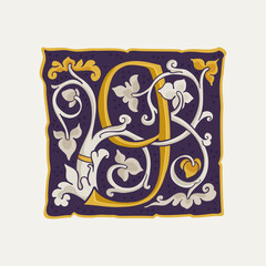 9 logo. Number nine drop cap. Medieval initial with gold texture and white vine. Renaissance calligraphy emblem.