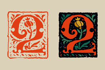 2 logo. Number two medieval grunge gothic initial. 16th century engraved drop cap.