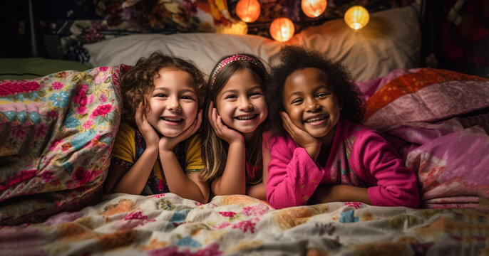 Slumber party timeless childhood tradition. Little Girls relaxing on bed. Slumber party concept. Girls just want to have fun. Invite friend for sleepover. Best friends forever. 