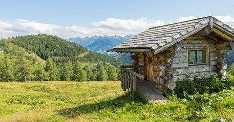 Fototapeta na wymiar Beautiful view of an alpine landscape with a traditional wooden cabin in a fresh alpine meadow. Austria, mountains, sunny, summer, copy space.