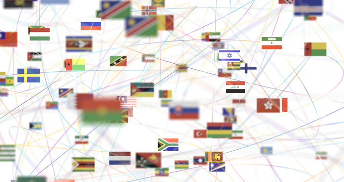 Connection lines Around map with all country flags, Futuristic Technology - PNG transparent