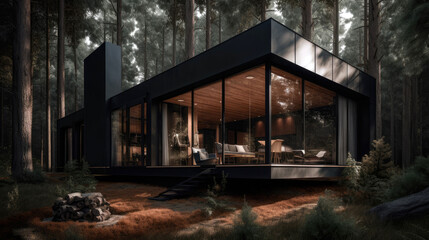 Fototapeta na wymiar Ultramodern forest cabin with a black facade. Generative AI