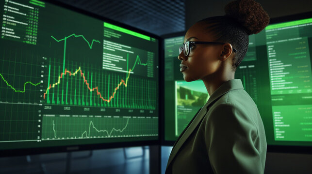 Colored Financial Businesswoman Stands Amid Bright, Optimistic Financial Growth, With Visible Graphs and Numbers Displayed on Screens