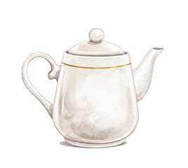 Watercolor vintage porcelain ceramic teapot isolated on white background. Hand drawn illustration sketch