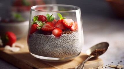 Chia pudding with strawberries, chia seeds on wood tray. Healthy vegan chia seeds pudding. Healthy breakfast chia seed yogurt